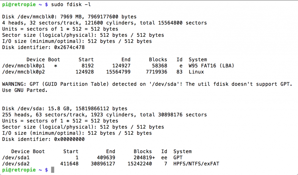 Ejecución del comando sudo fdisk -l en Raspberry Pi Ejecución del comando sudo fdisk -l en Raspberry Pi
