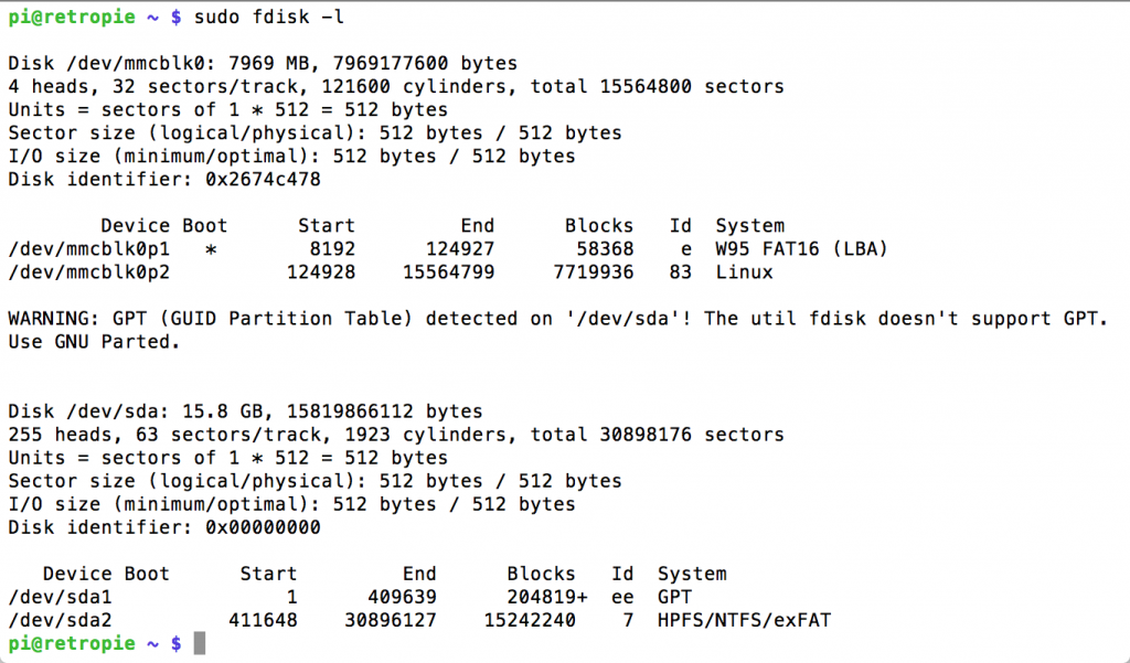 Ejecución del comando sudo fdisk -l en Raspberry Pi